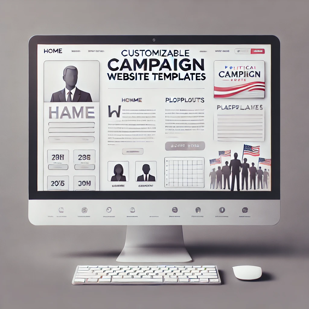 Customizable Campaign Website Templates: A clean image showing a few campaign website templates on a computer screen with minimal text placeholders for the candidate's name and slogan.